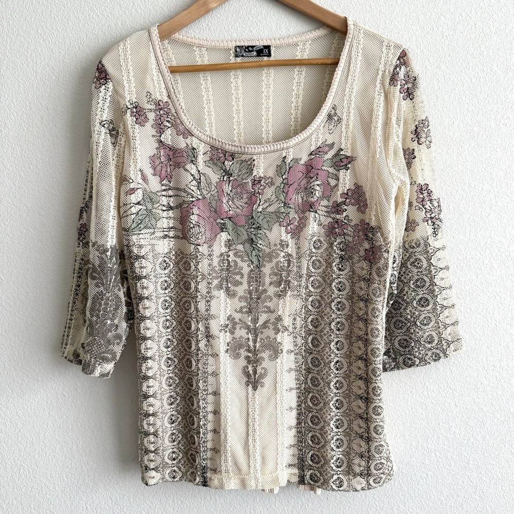 Vintage Y2K Nylon Floral Shirt Womens 1X Romantic Fairy Feminine Cottagecore